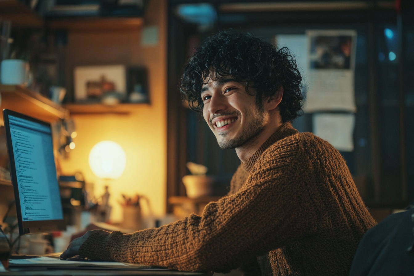 A man smiles while coding on his computer late at night | Source: Midjourney