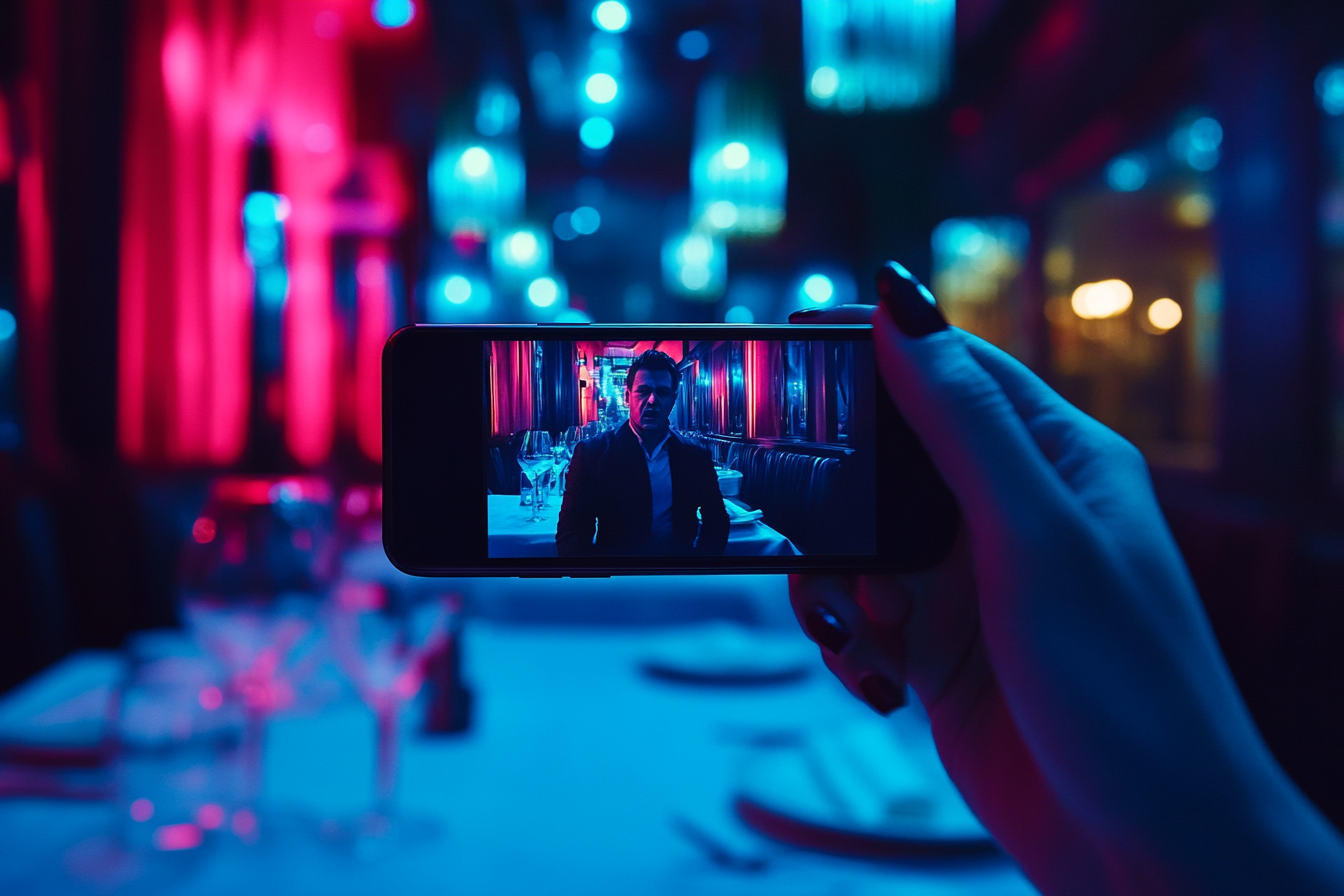 Woman holding a phone showing footage of an angry man | Source: Midjourney