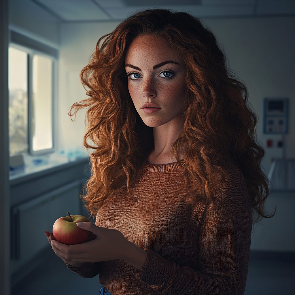 A woman holding an apple | Source: Midjourney