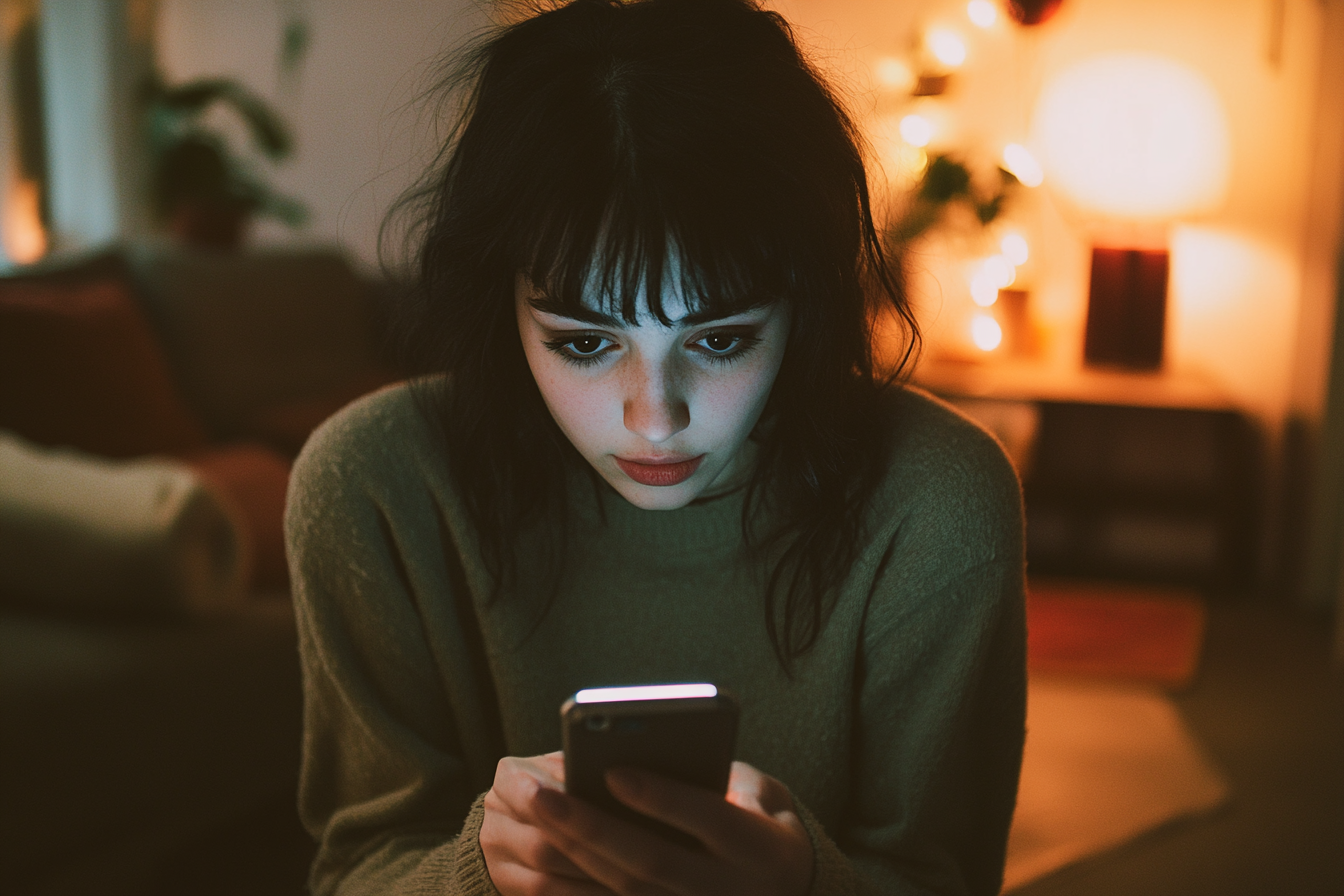 A woman staring at her phone in disbelief | Source: Midjourney