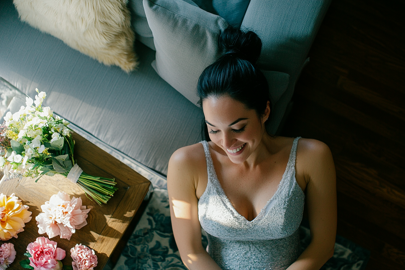 A black-haired woman in her 30s sits on the floor in front of the couch in the living room with flowers and samples on the coffee table smiling | Source: Midjourney