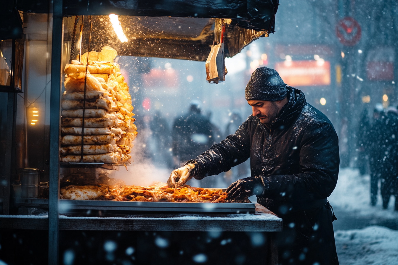 A shawarma stand with a vendor working on a cold snowy windy day | Source: Midjourney