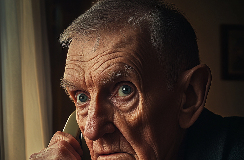 A stunned older man holding a phone receiver | Source: Midjourney