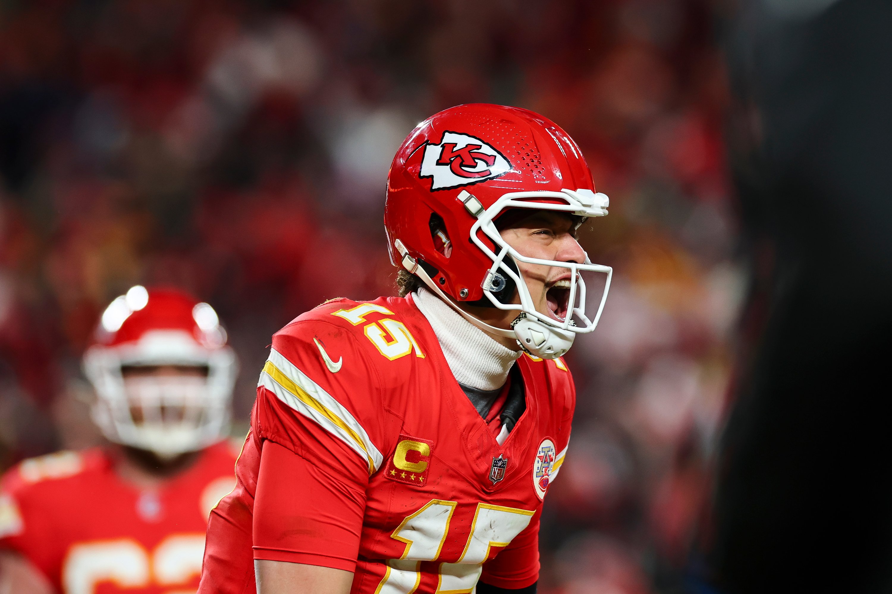 Patrick Mahomes #15 of the Kansas City Chiefs celebrates during the second half of the AFC Divisional playoff game against the Houston Texans at GEHA Field at Arrowhead Stadium on January 18, 2025, in Kansas City, Missouri | Source: Getty Images