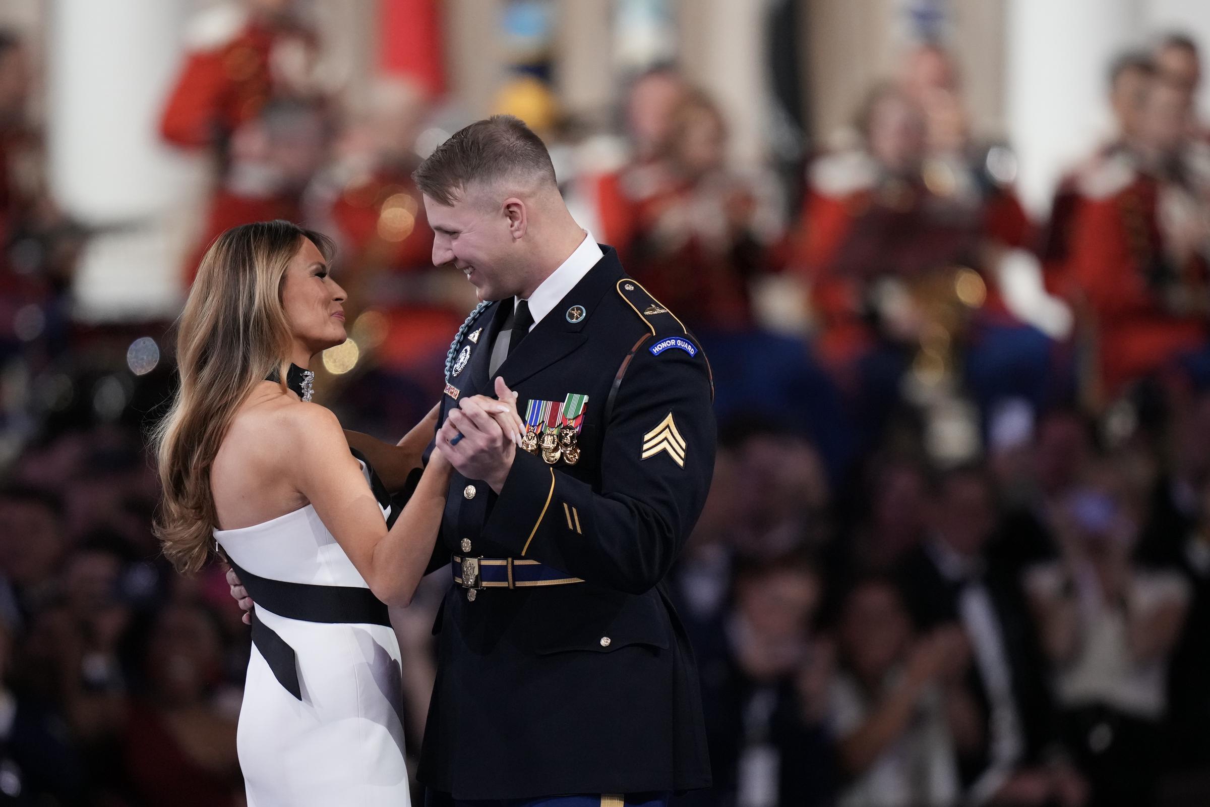 First Lady Melania Trump dances with U.S. Army Sergeant Henry Waller at the Commander-in-Chief Ball on January 20, 2025 | Source: Getty Images