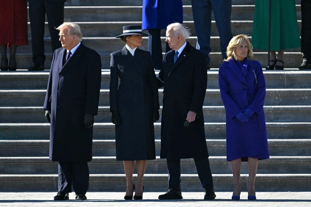 US President Donald Trump, First Lady Melania Trump take part in a departure ceremony for former US president Joe Biden and former first lady Jill Biden from the US Capitol after Trump was sworn in as the 47th president | Source: Getty Images