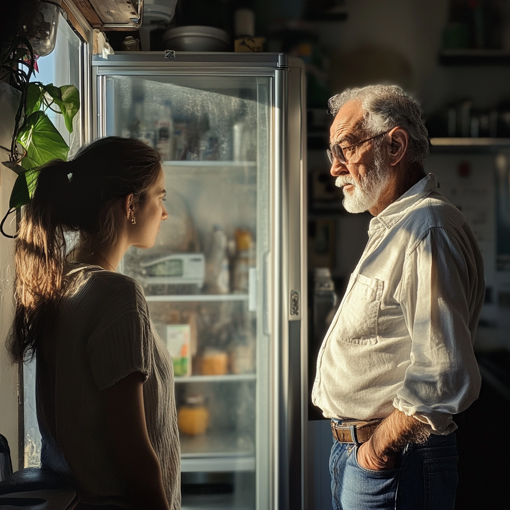 Senior man standing next to the fridge talking to his daughter-in-law | Source: Midjourney