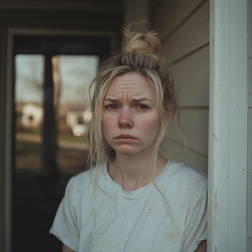 A blonde-haired woman with tired eyes standing on a doorway | Source: Midjourney