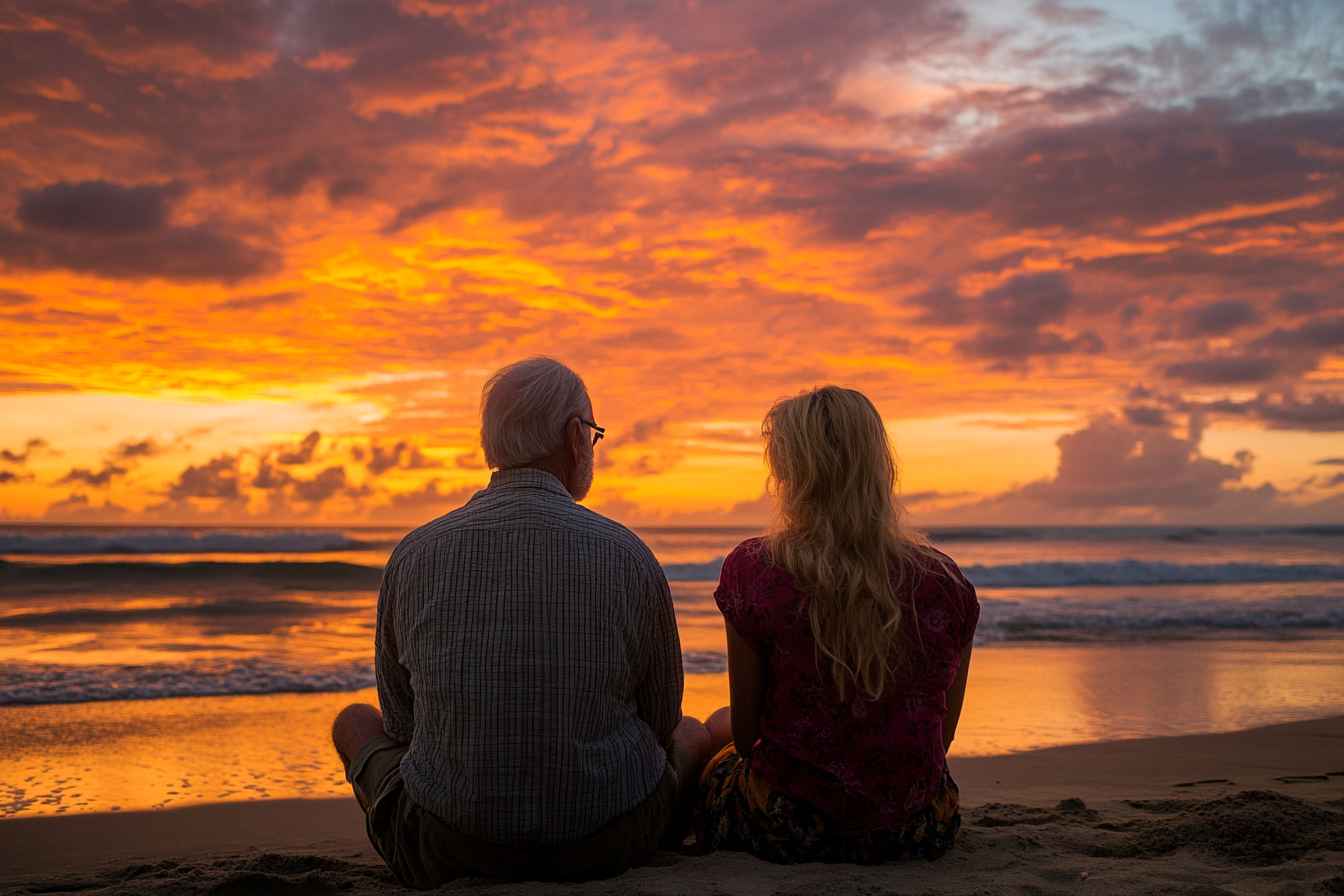 A woman and her grandfather on the beach at sunset | Source: Midjourney