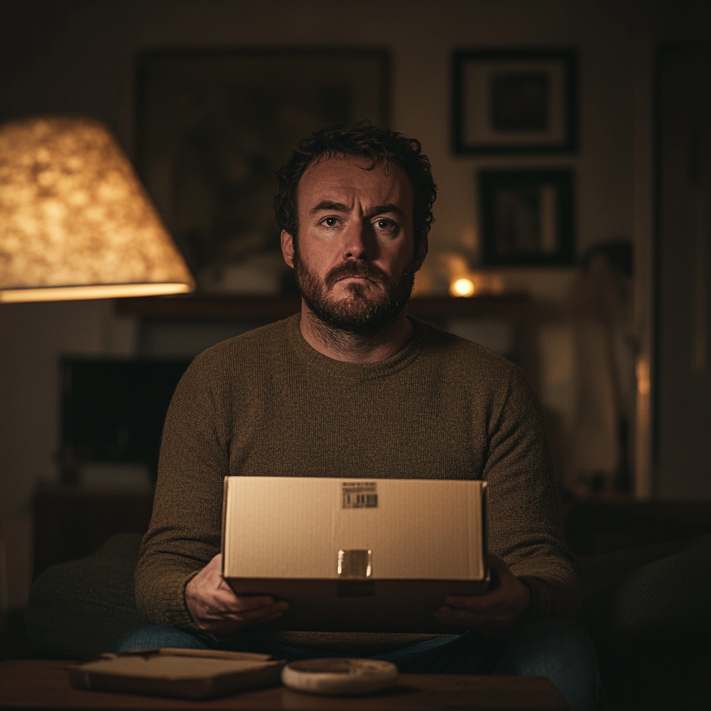 A serious man holding a box | Source: Midjourney