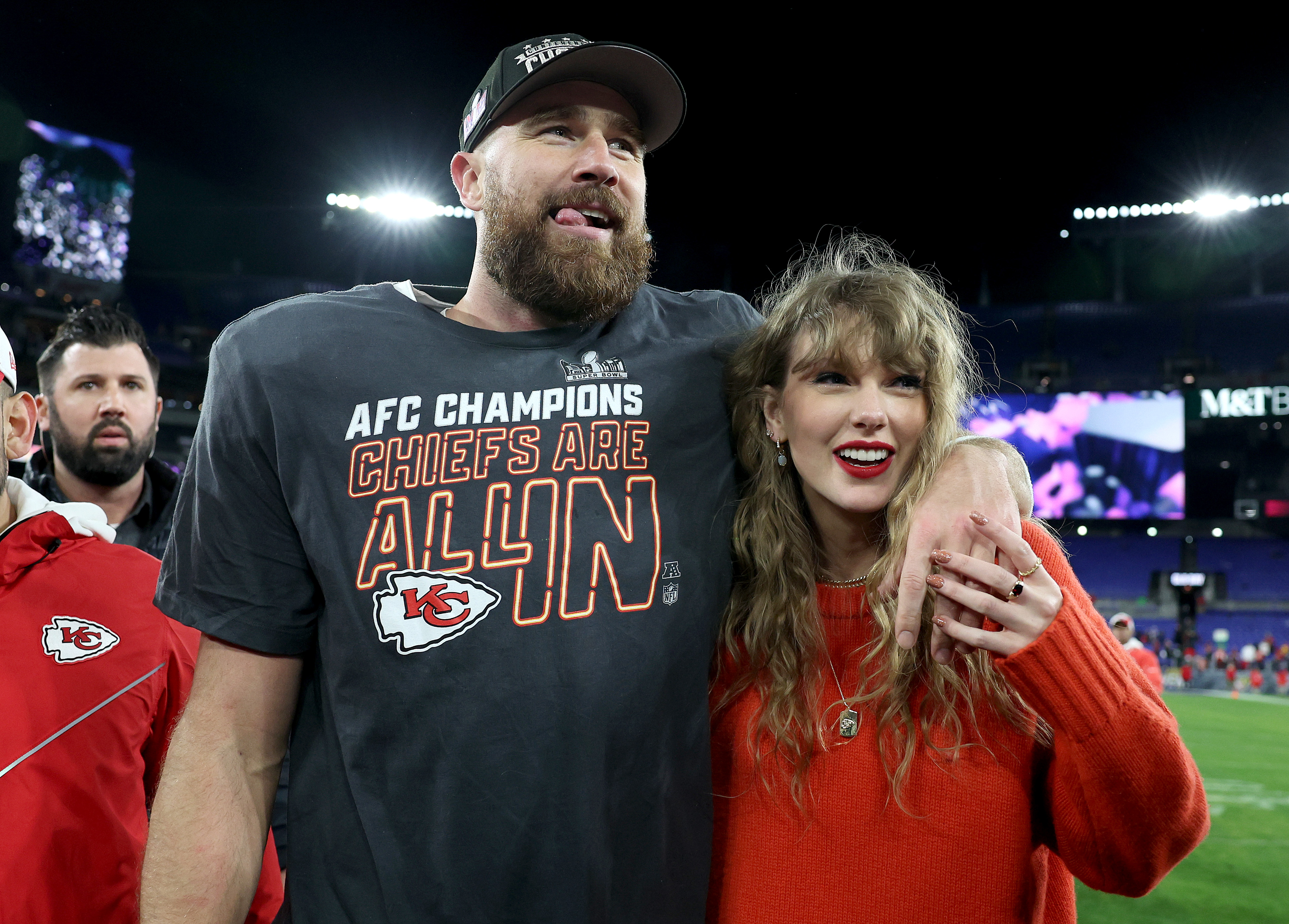 Travis Kelce #87 of the Kansas City Chiefs celebrates with Taylor Swift after a 17-10 victory against the Baltimore Ravens in the AFC Championship Game at M&T Bank Stadium on January 28, 2024, in Baltimore, Maryland | Source: Getty Images