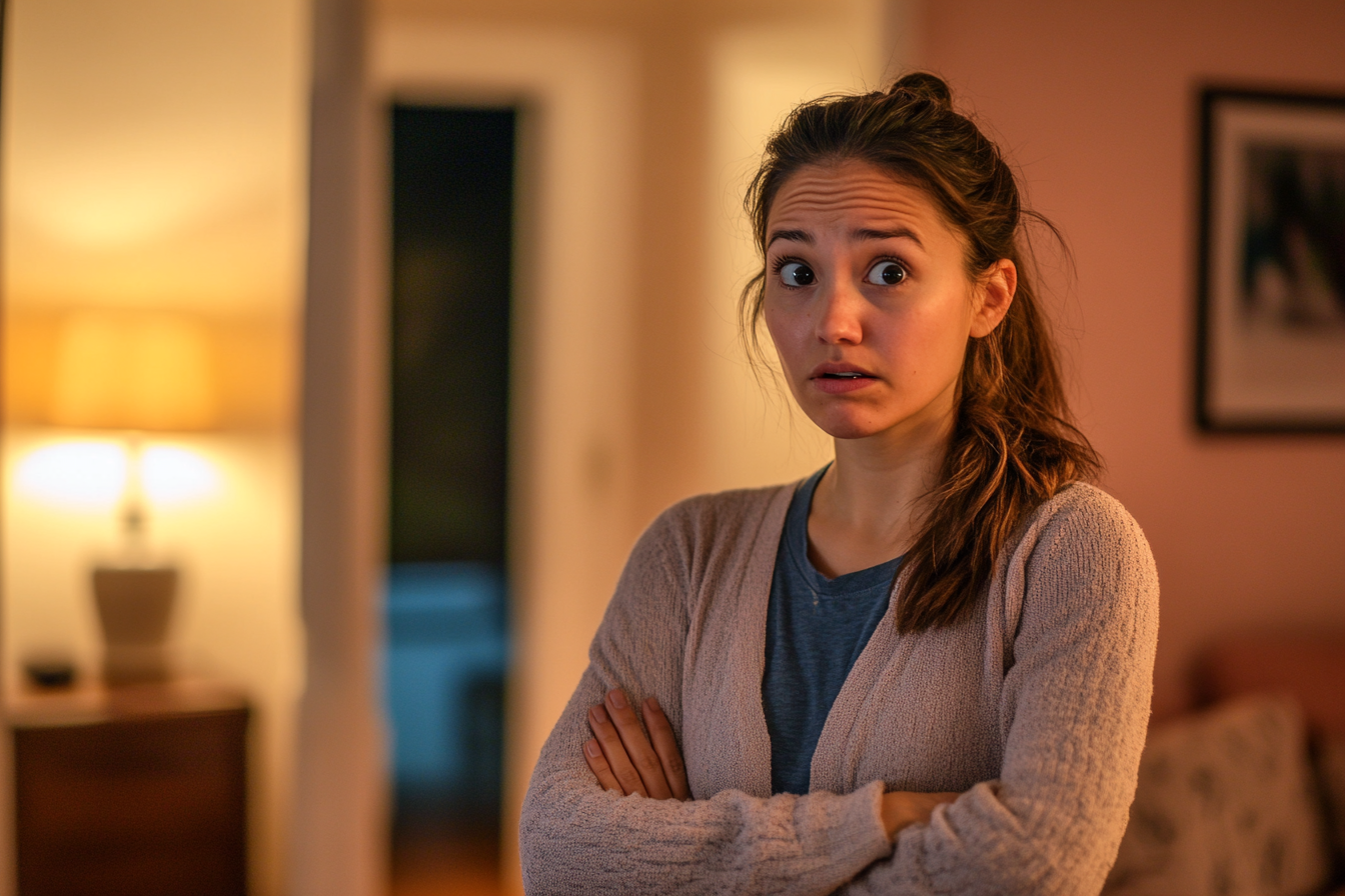 A confused and astonished woman in a living room | Source: Midjourney