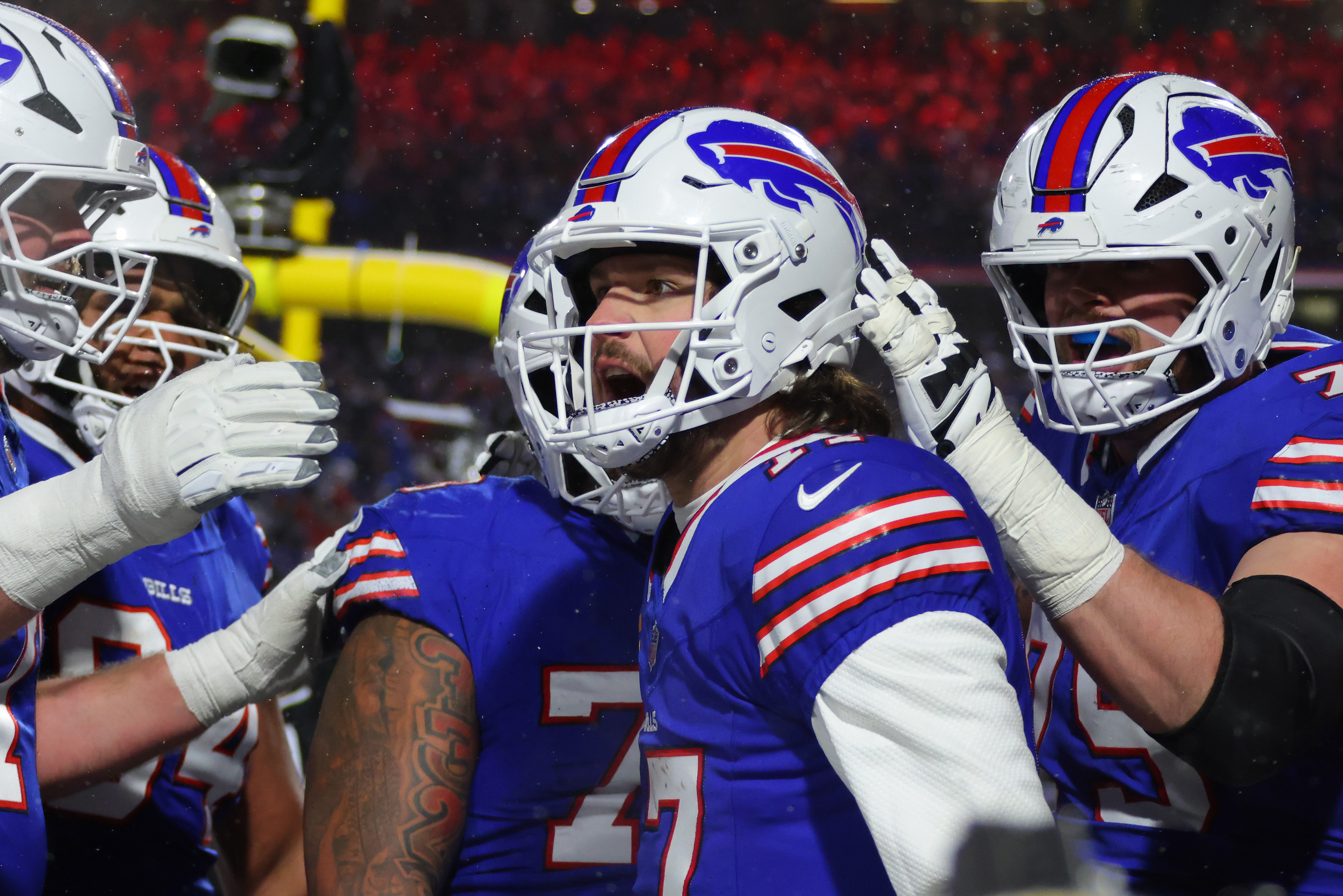 Josh Allen #17 of the Buffalo Bills celebrates a touchdown with teammates against the Baltimore Ravens in the second quarter during the AFC Divisional Playoff at Highmark Stadium on January 19, 2025, in Orchard Park, New York | Source: Getty Images