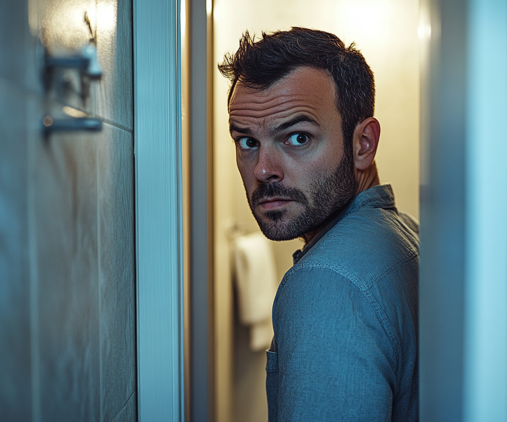 A man glancing over his shoulder suspiciously while entering a bathroom | Source: Midjourney