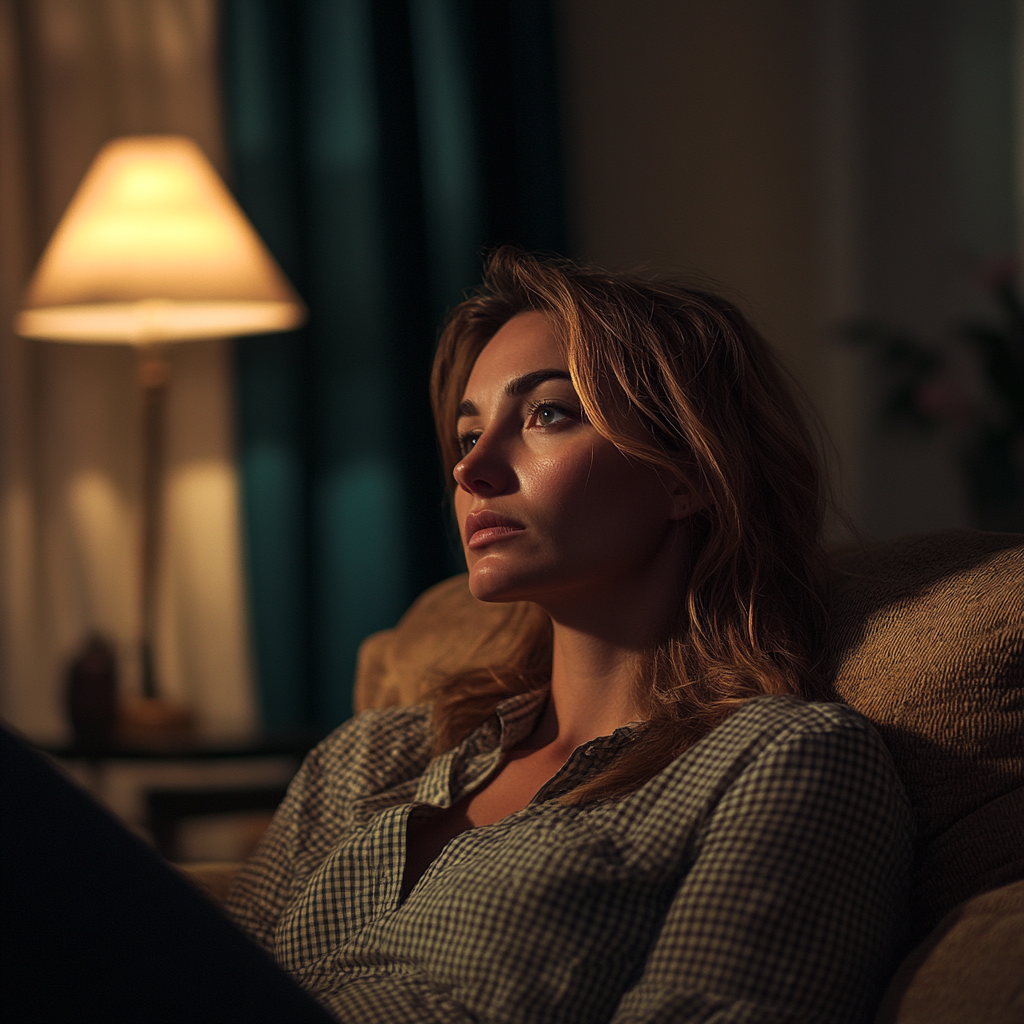 A serious woman sitting in her living room | Source: Midjourney