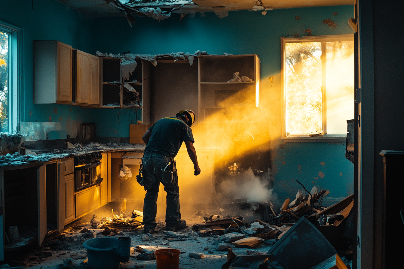 Construction worker demolishing a kitchen for renovation | Source: Midjourney