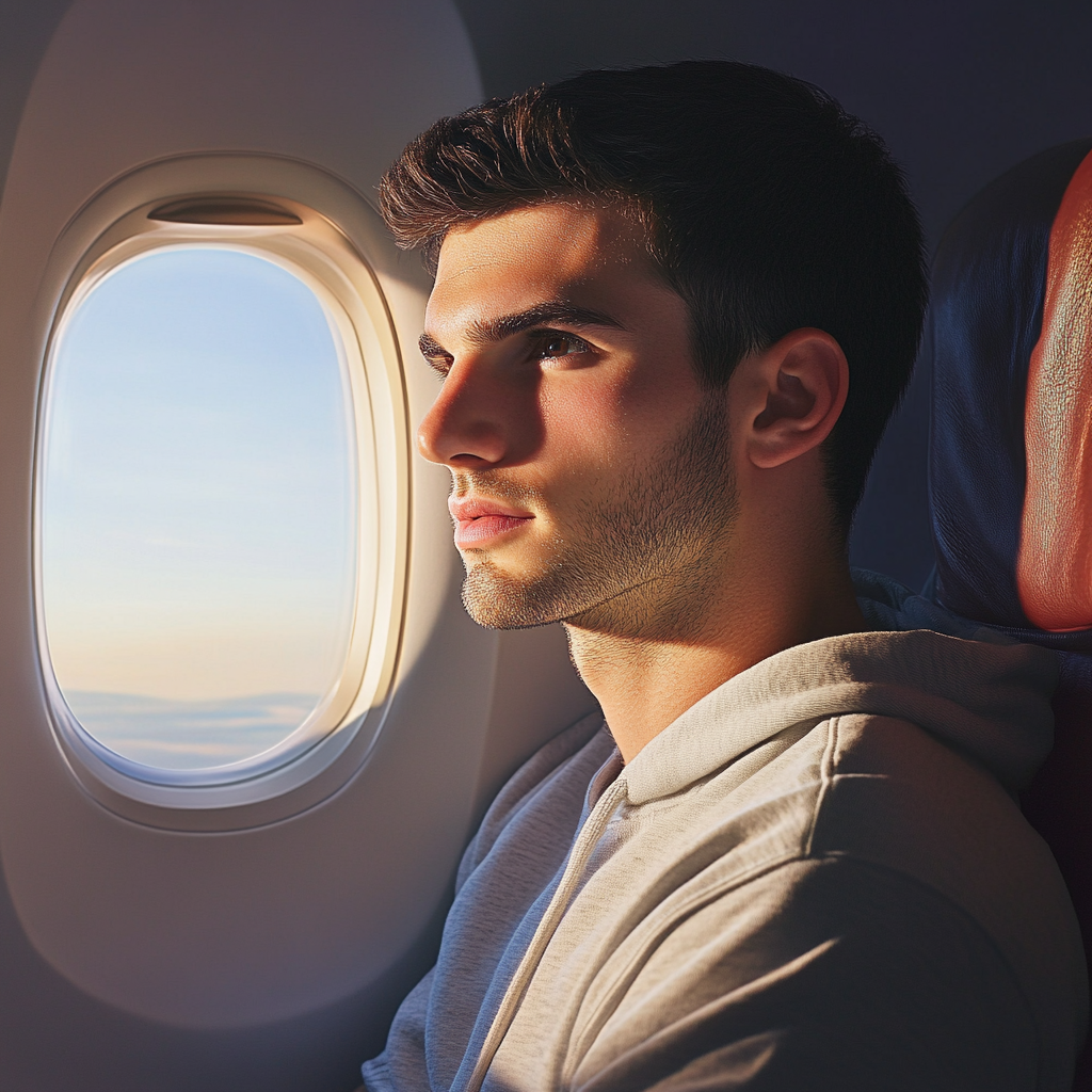 A man sitting in an airplane | Source: Midjourney