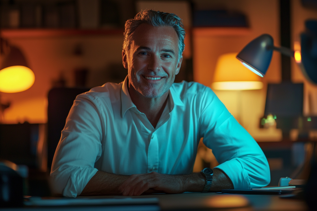 Restaurant manager smiling in an office | Source: Midjourney