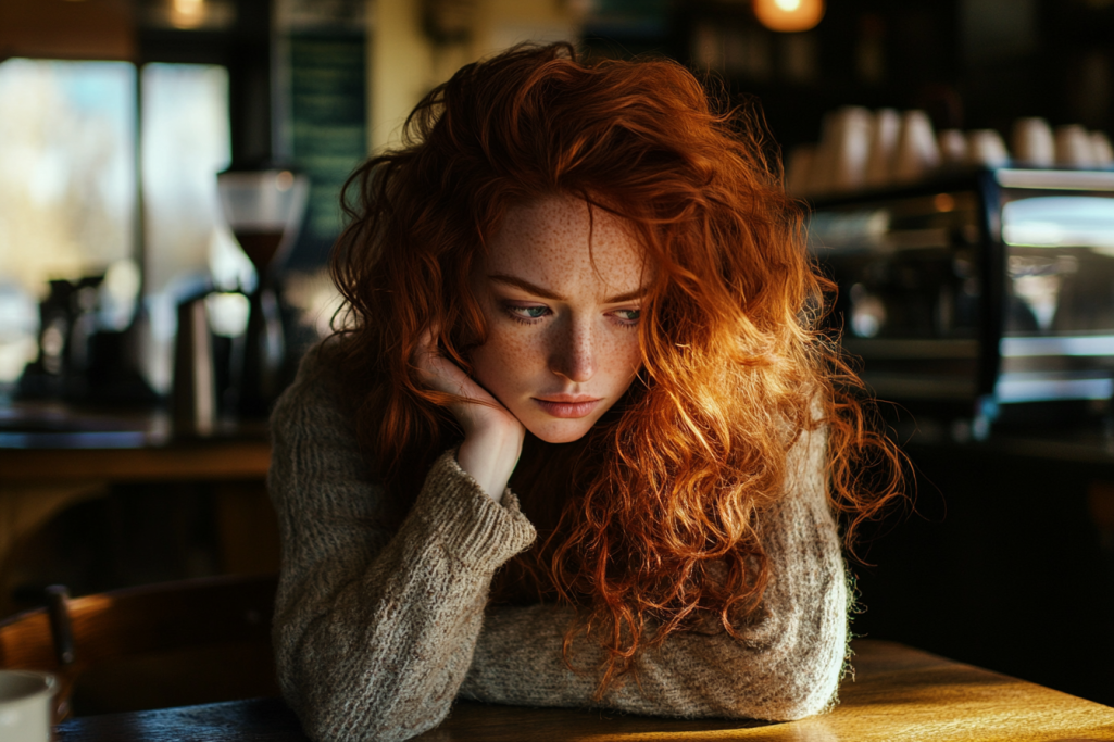 A red-haired woman looks ashamed while looking down in a coffee shop | Source: Midjourney