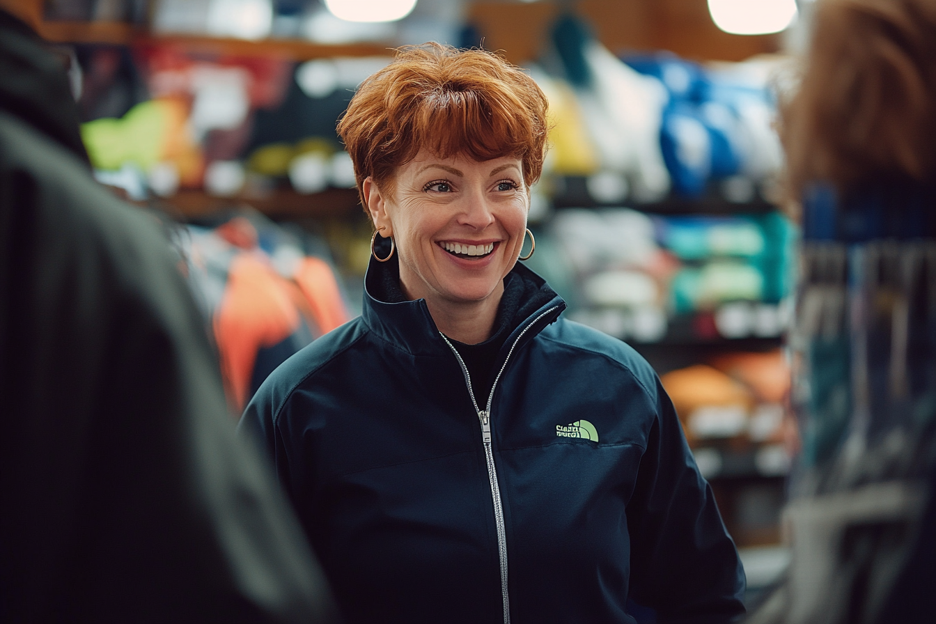 Woman in her late 30s working in a sporting goods store while wearing winter clothes | Source: Midjourney