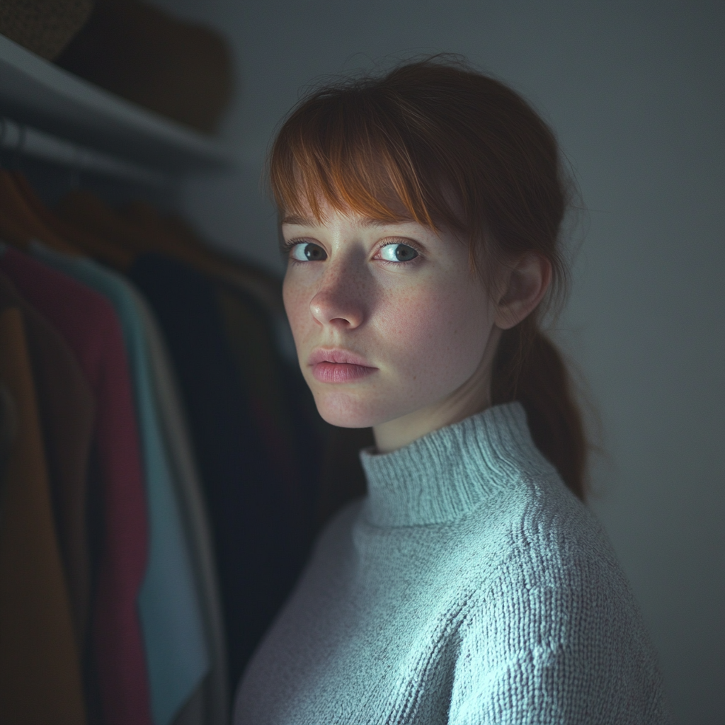 A woman standing near a closet | Source: Midjourney