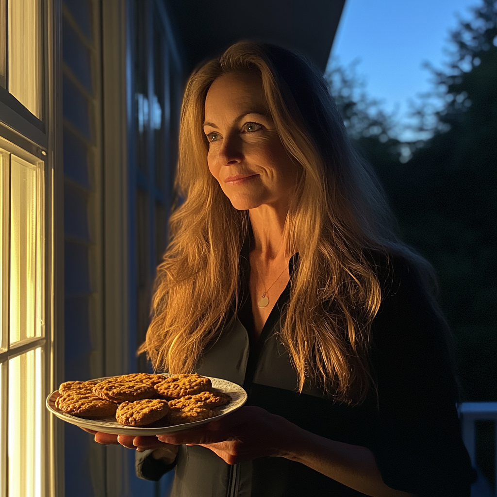 A woman holding a plate of cookies | Source: Midjourney