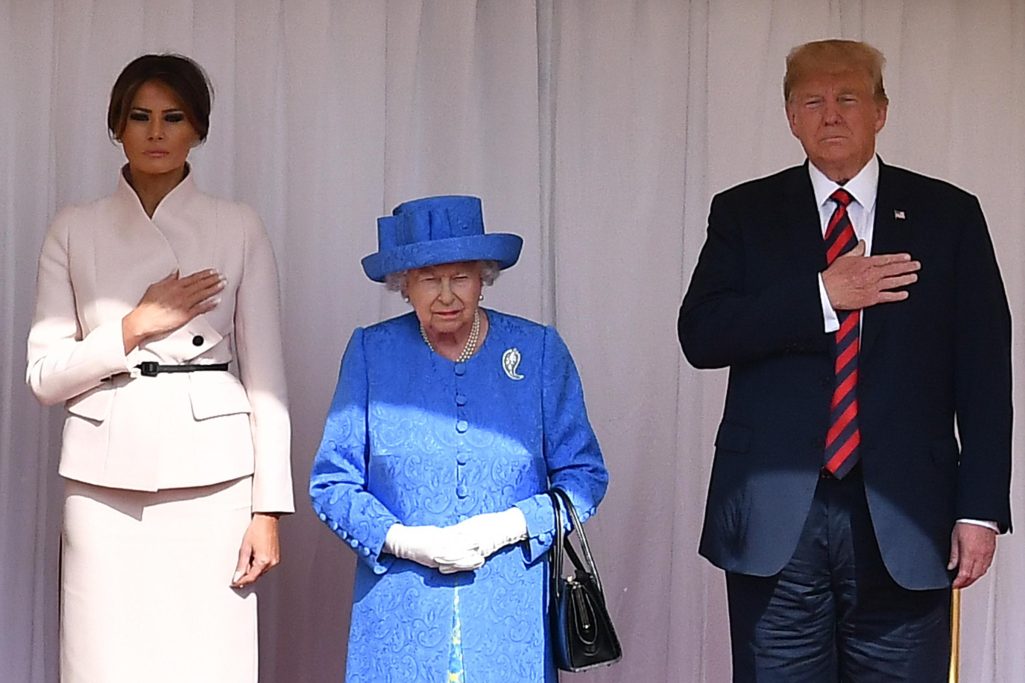 Queen Elizabeth II stands with US President Donald Trump and First Lady Melania Trump on the dias in the Quadrangle  at Windsor Castle on July 13, 2018 in Windsor, England | Source: Getty Images