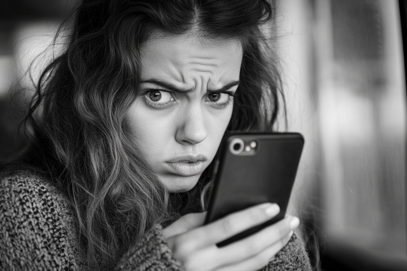 A woman frowning while checking her phone messages | Source: Midjourney