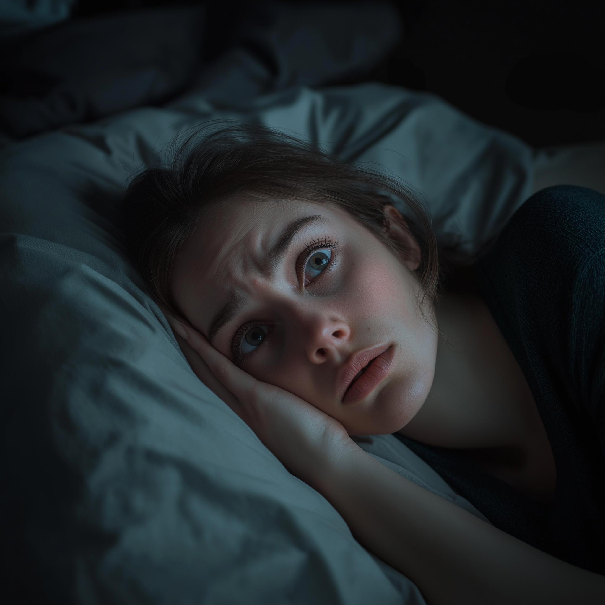 A worried woman in bed | Source: Midjourney