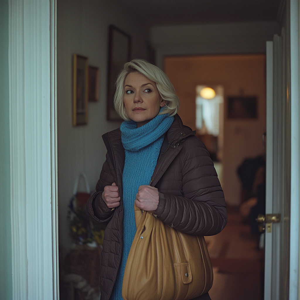 A young woman grabs her coat as she rushes out of her mother's house | Source: Midjourney