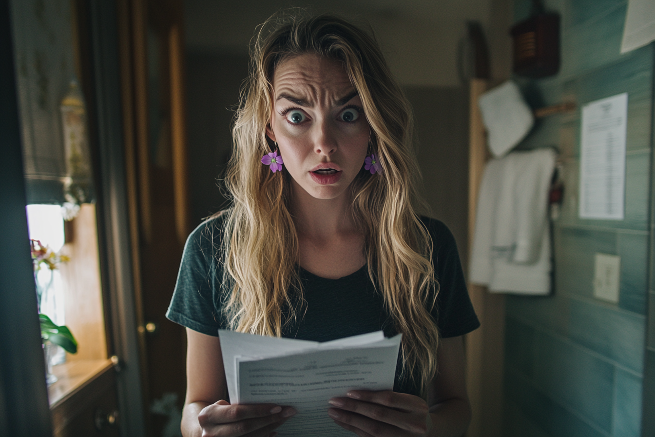 A shocked woman holding papers while standing in a bathroom | Source: Midjourney