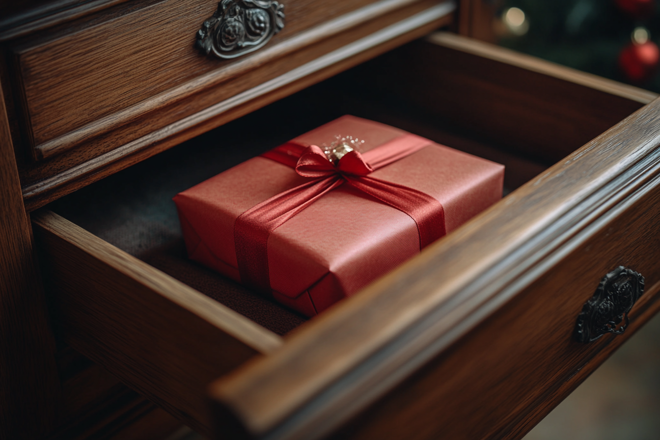 A small wrapped gift box inside a drawer | Source: Midjourney