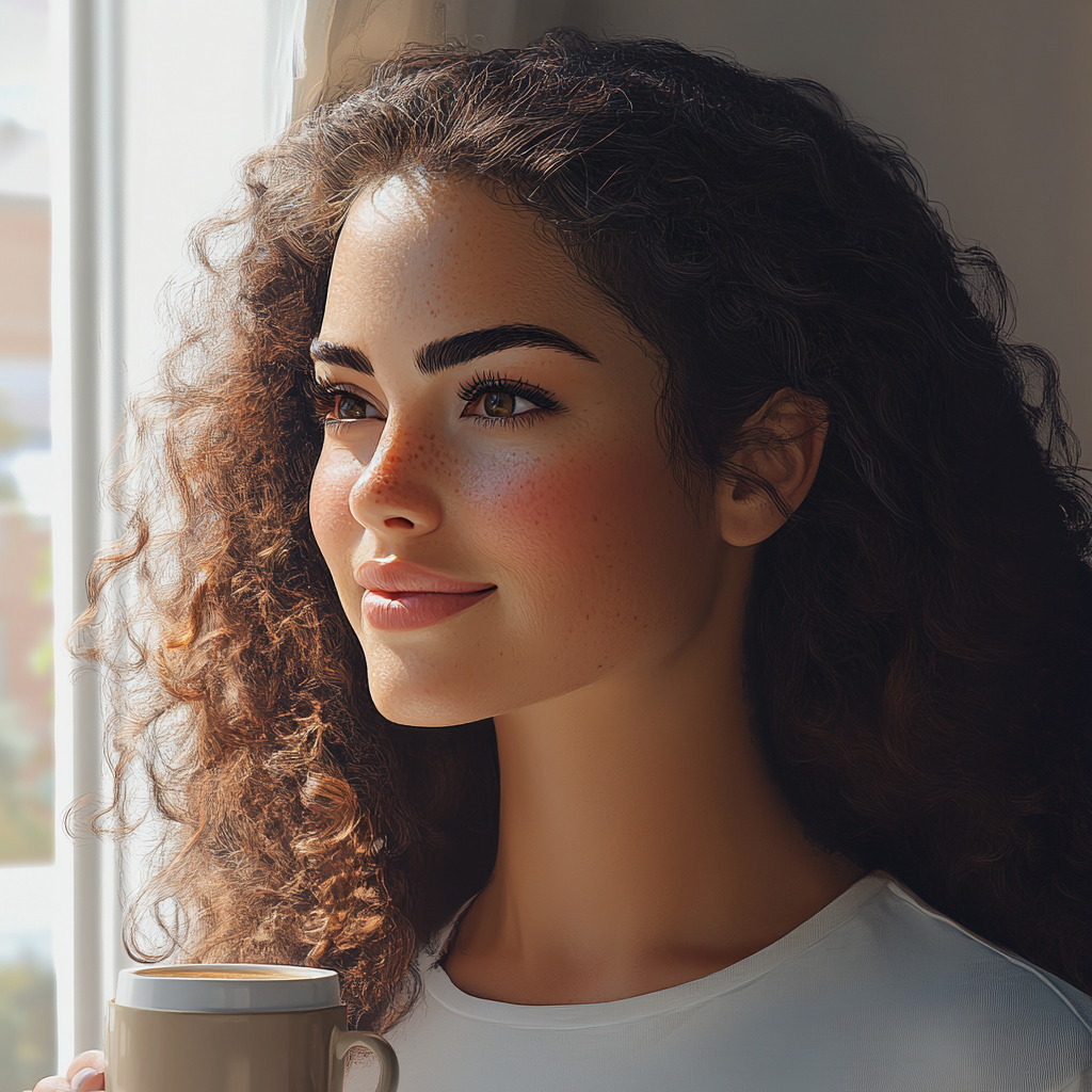 A smiling woman holding a cup of coffee | Source: Midjourney