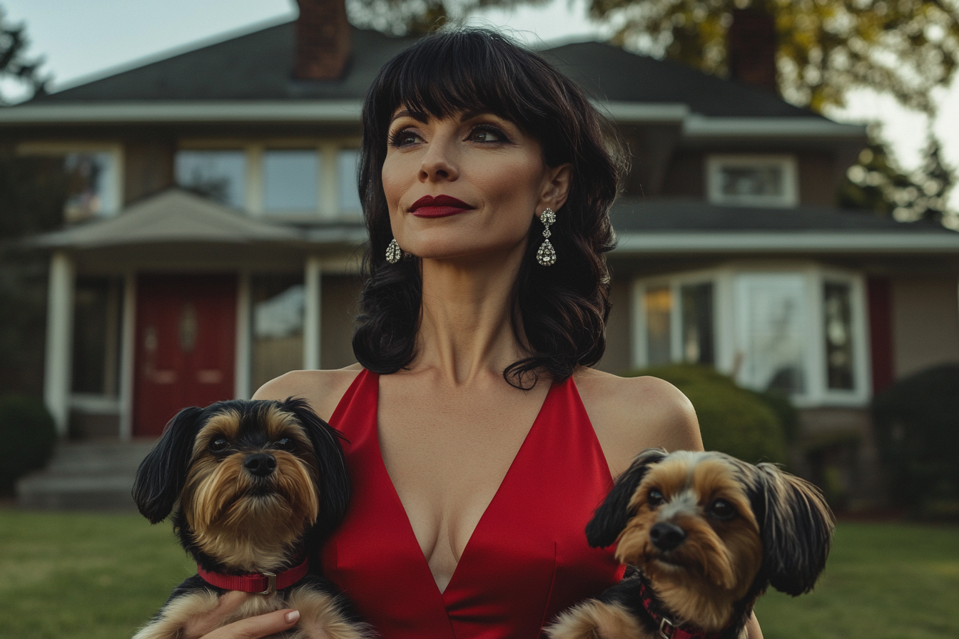 An elegant woman in her late 30s holding Yorkshire Terriers on the front lawn of a suburban home | Source: Midjourney