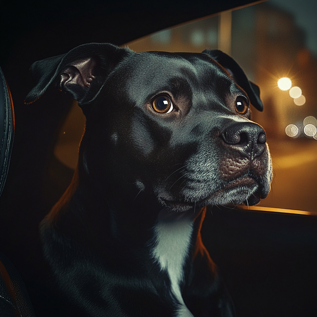 A black Pitbull sitting in a car | Source: Midjourney