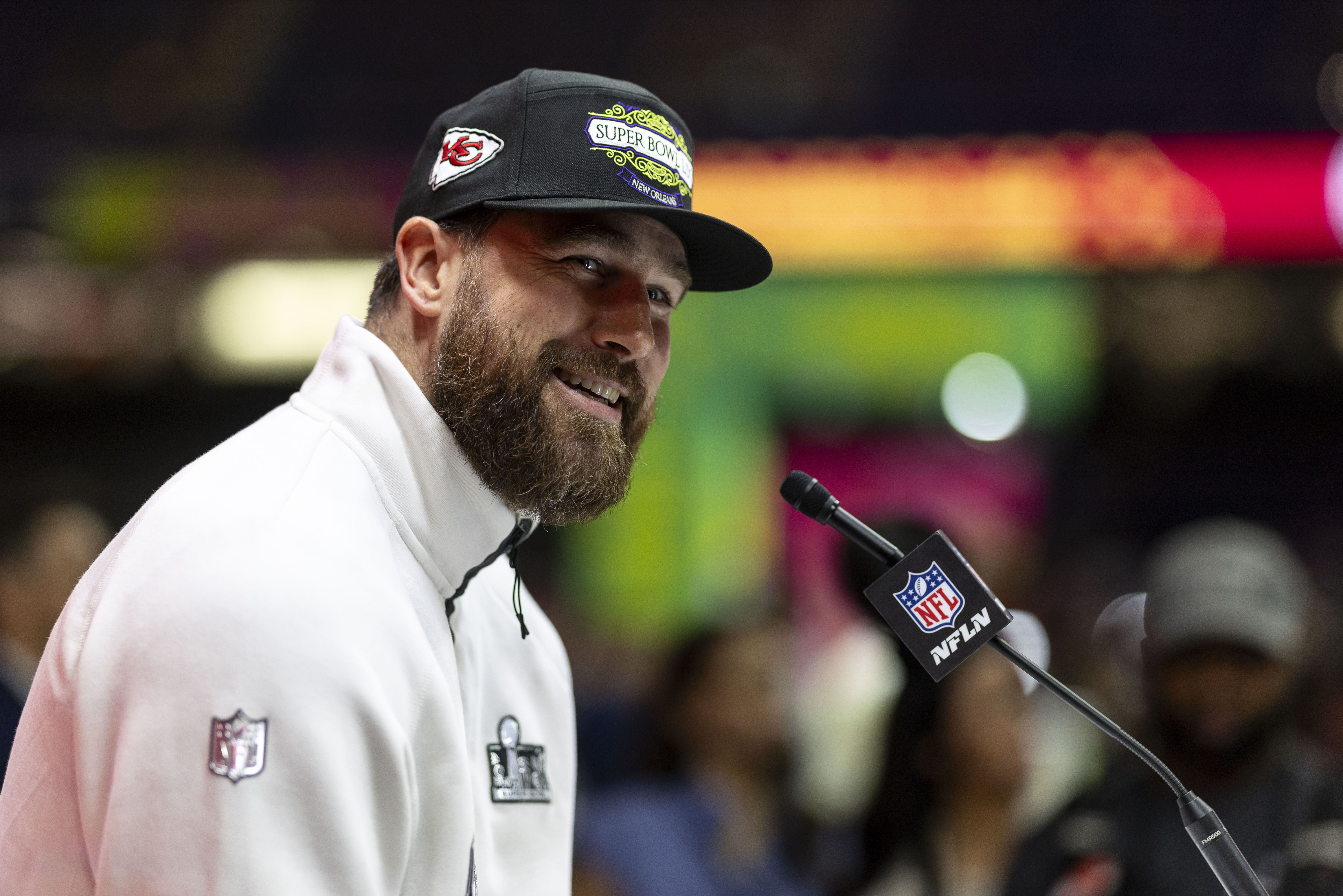 Travis Kelce speaking to press at the Super Bowl LIX Opening Night event. | Source: Getty Images