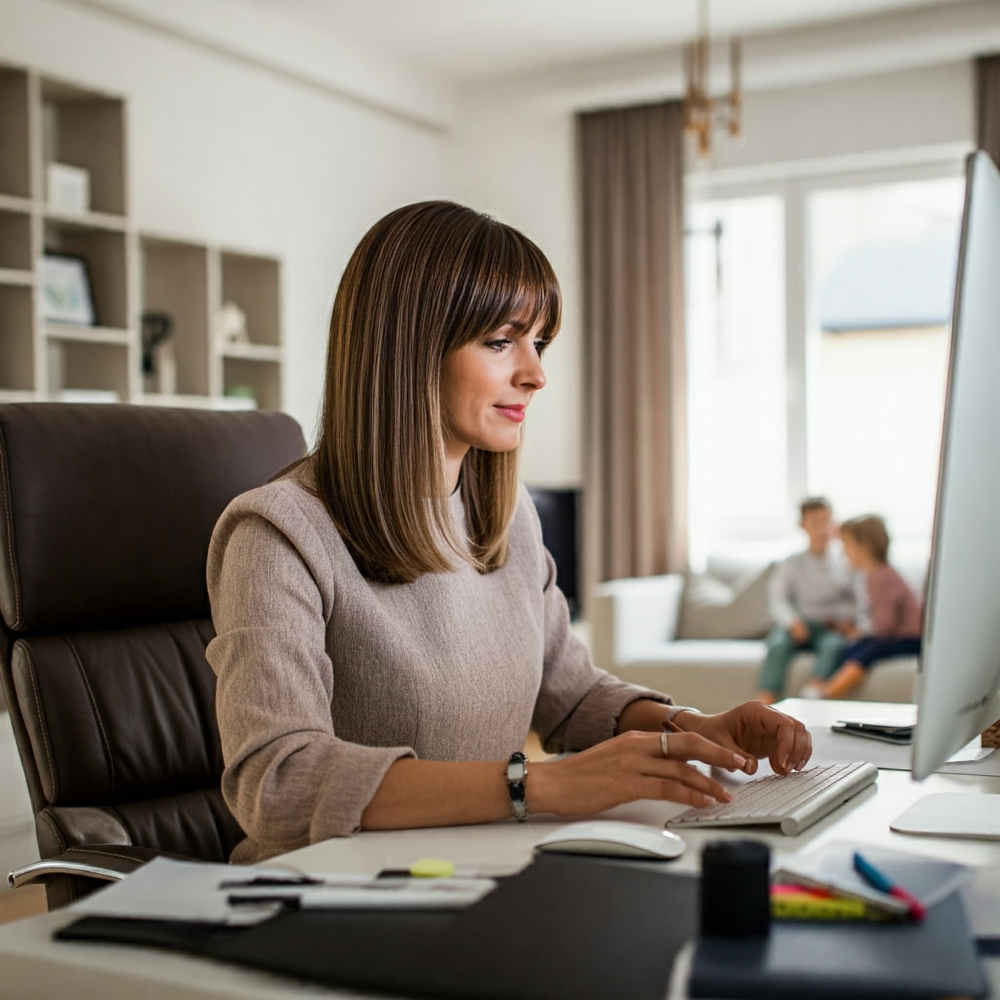 A woman using a computer while two kids sit in a sofa in the background | Source: Gemini