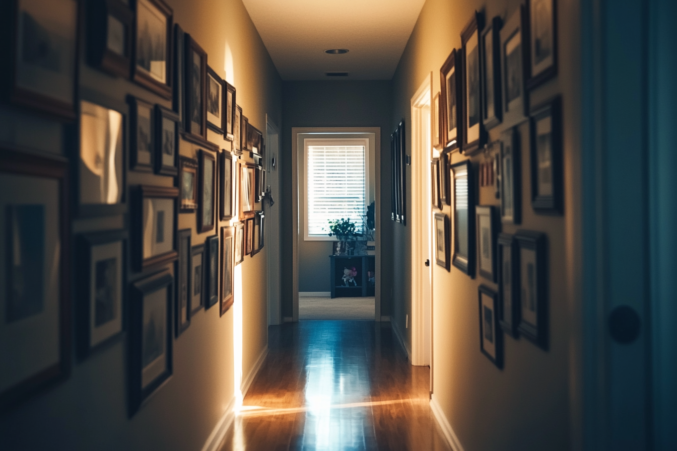 A home's hallway with photos hanging on the walls | Source: Midjourney