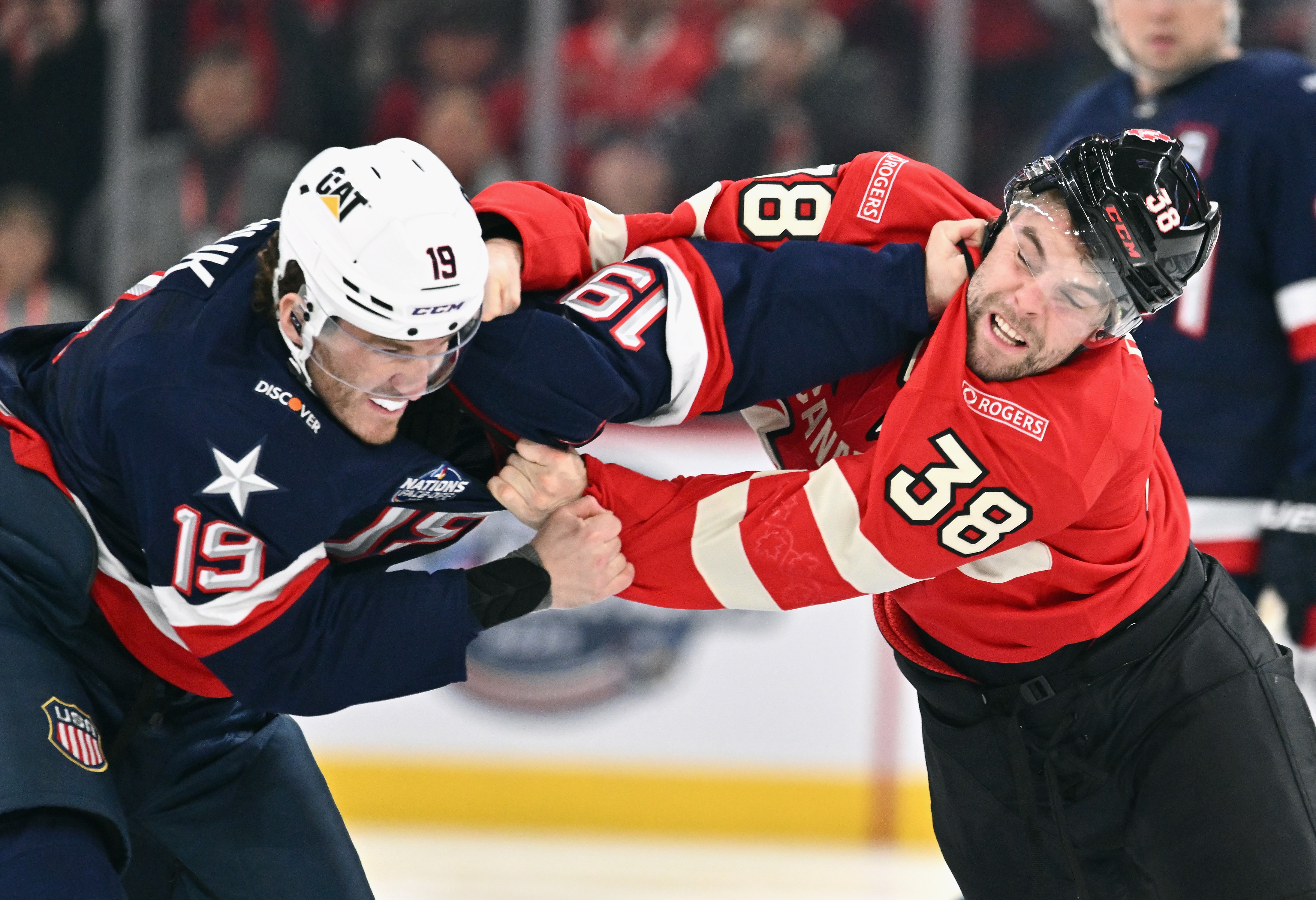 Matthew Tkachuk #19 of Team USA fights with Brandon Hagel #38 of Team Canada during the first period in the 4 Nations Face-Off game at the Bell Centre on February 15, 2025, in Montreal, Quebec, Canada | Source: Getty Images