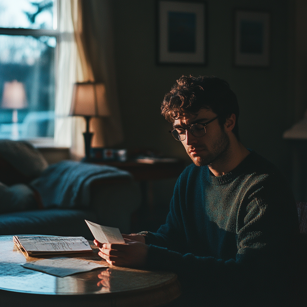 A man reading his note in his living room | Source: Midjourney