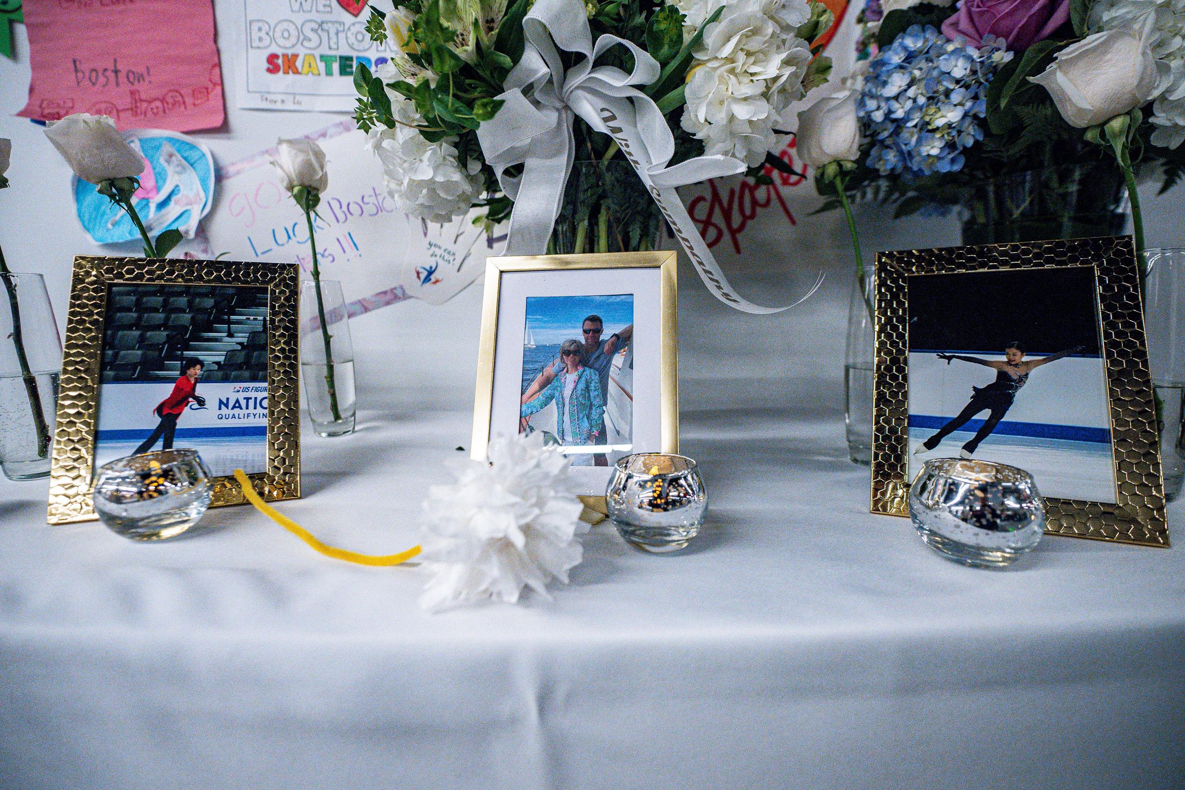 A memorial of flowers and gifts is laid at the Skating Club of Boston on January 30, 2025, in Norwood, Massachusetts | Source: Getty Images