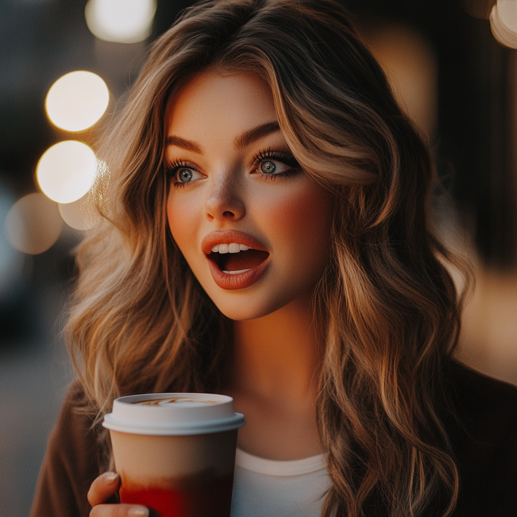 A startled woman holding a cup of latte | Source: Midjourney