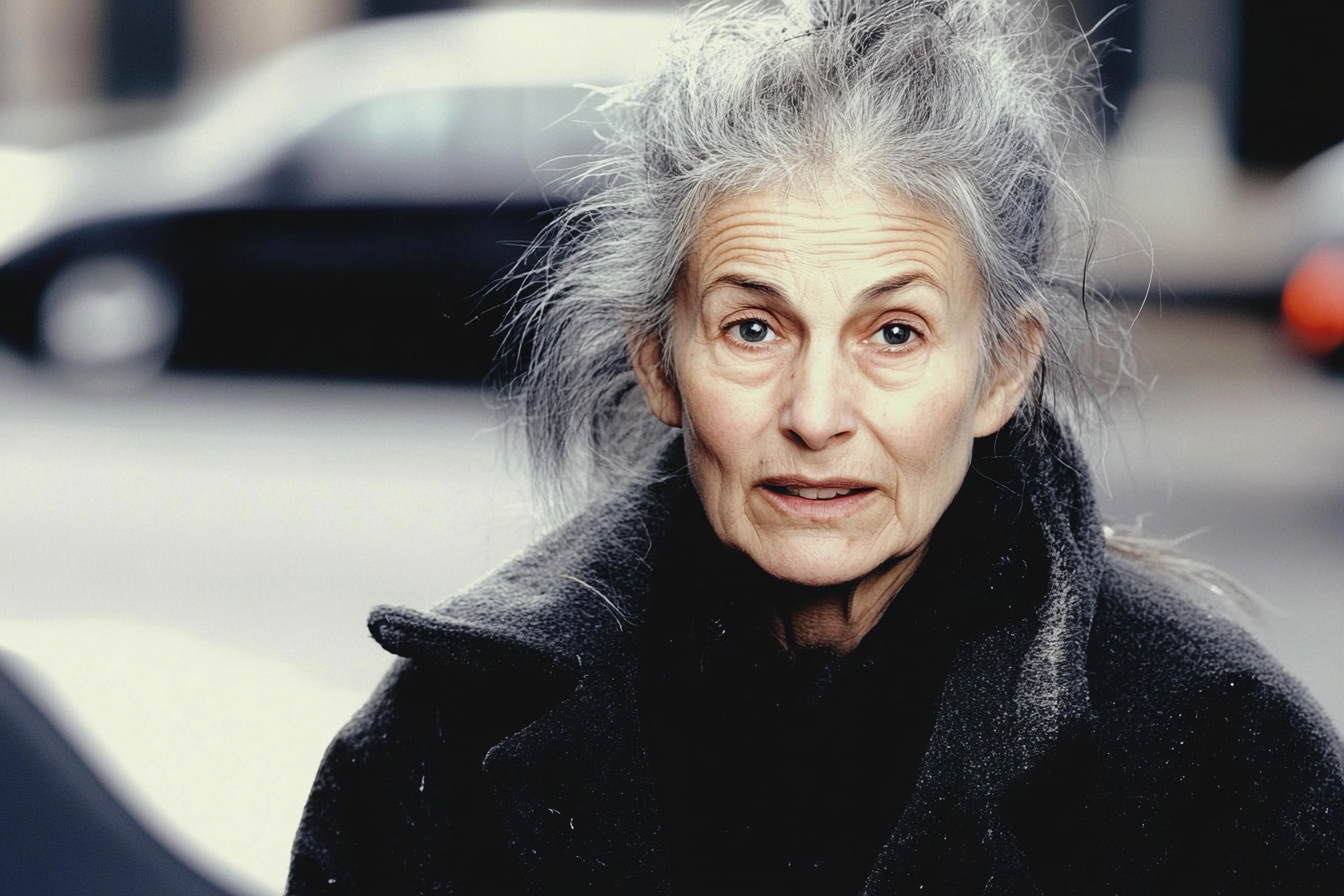 A homeless woman speaking to someone in a parking lot | Source: Midjourney