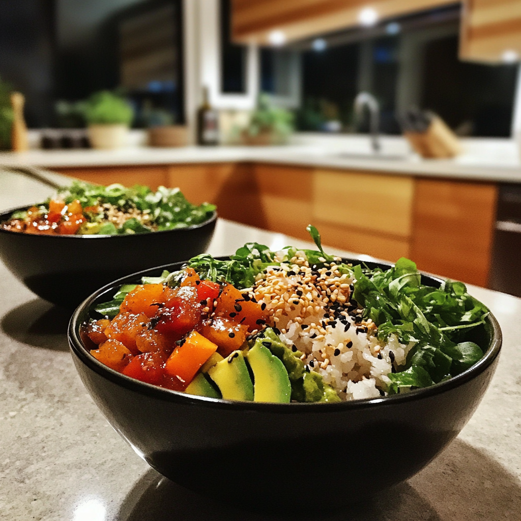 Two poke bowls on a kitchen counter | Source: Midjourney