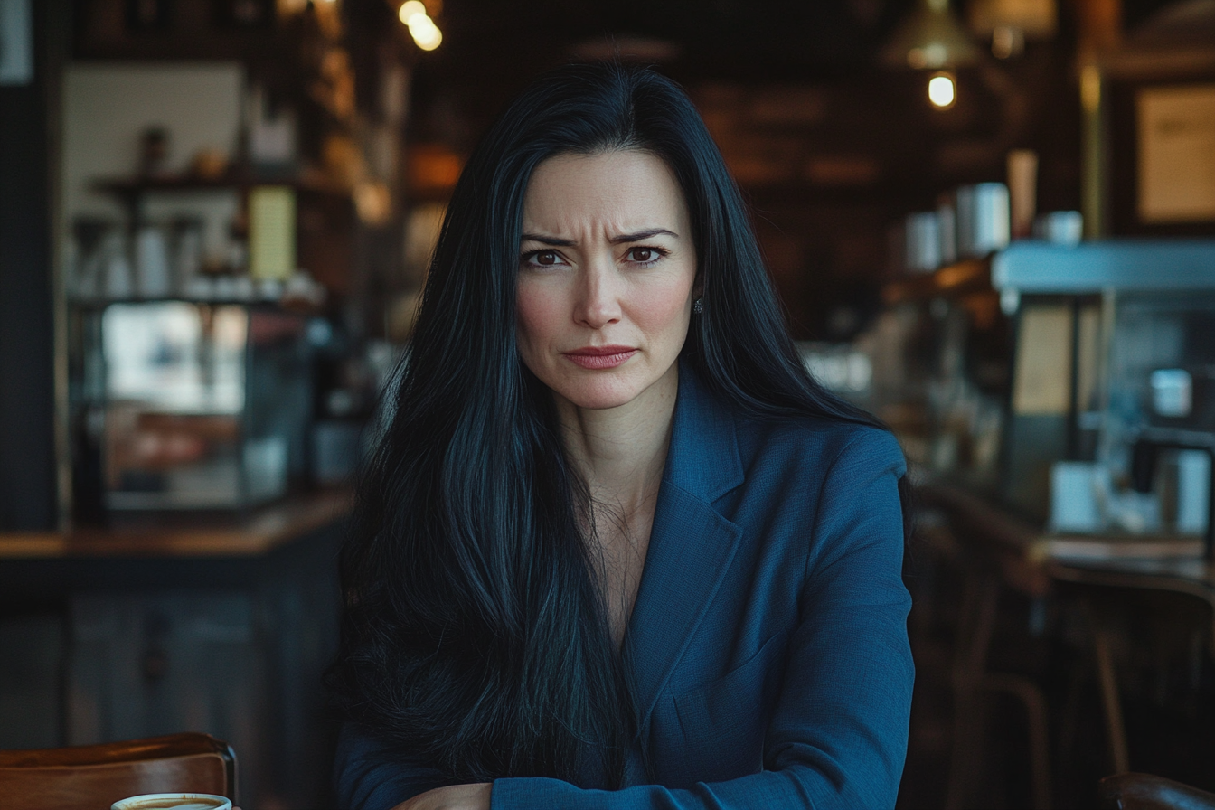 A woman sitting in a coffee shop, looking upset and confused | Source: Midjourney