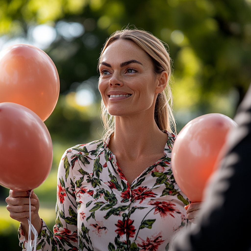 A woman holding balloons smiles while looking at someone | Source: Midjourney