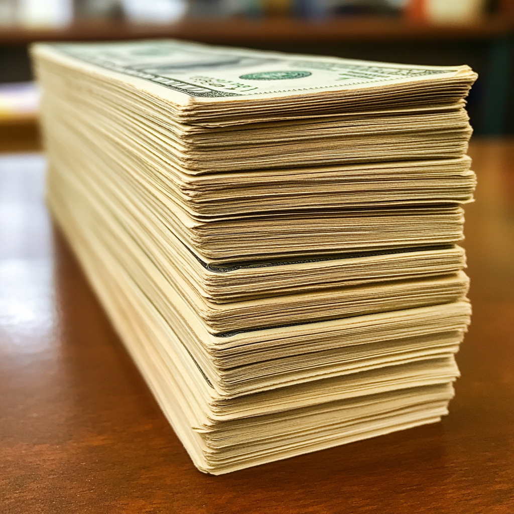 A stack of dollars on a table | Source: Midjourney