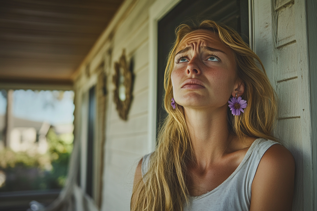 A worried woman standing on the porch of a house | Source: Midjourney