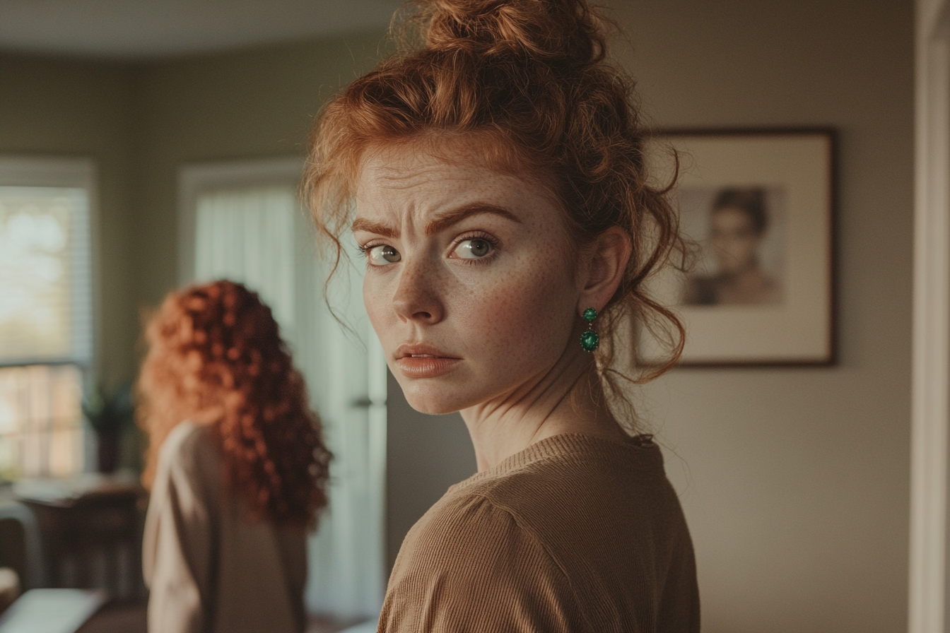 A woman in her 30s looks guilty standing in the living room with her teenage daughter in the background | Source: Midjourney