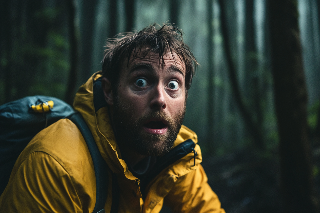 A terrified man in a forest | Source: Midjourney